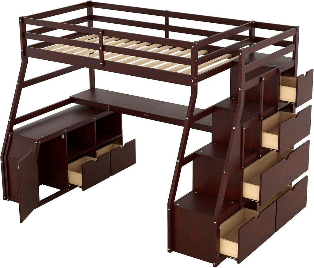 Bellemave Twin Size Loft Bed with Stairs and Desk, Wood Loft Beds with Cabinet and 7 Drawers, High Loft Bed Frame with Shelves and Step for Kids, Teen, Boys, Girls, Espresso