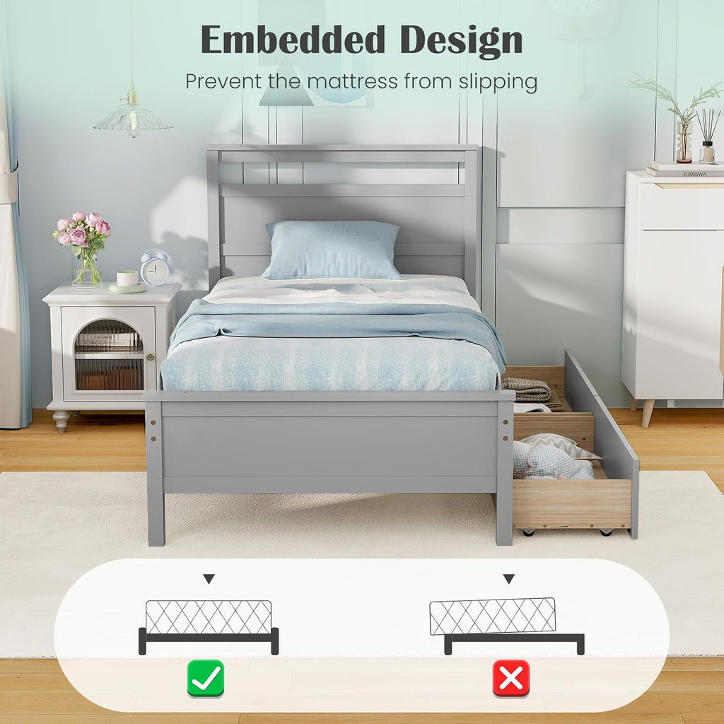 Giantex Wood Twin Bed with 2 Storage Drawers, Solid Wood Platform Bed with Headboard, Single Bed Wooden Slats Support, No Spring Needed, Twin Bed Frame for Kids, Teens, Adults (Grey)