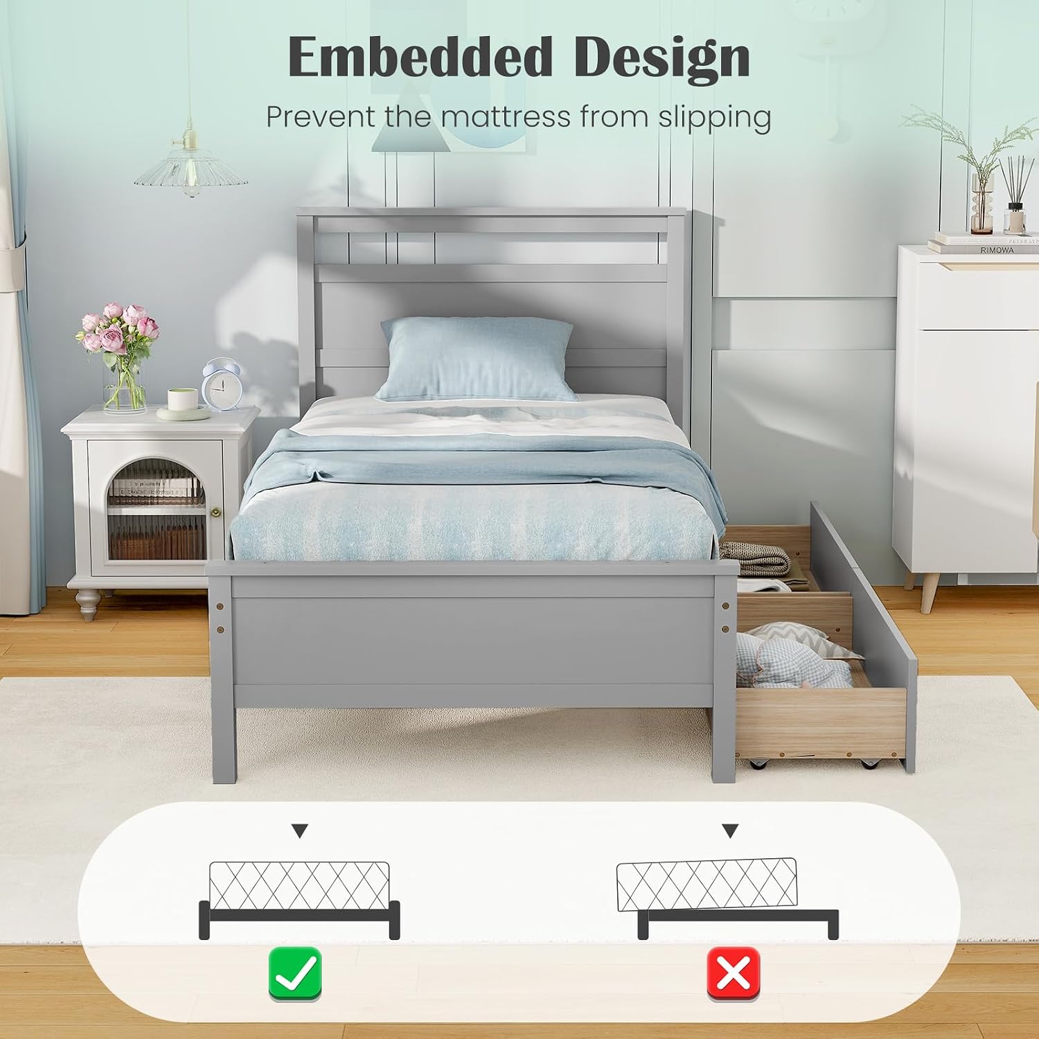 Giantex Wood Twin Bed with 2 Storage Drawers, Solid Wood Platform Bed with Headboard, Single Bed Wooden Slats Support, No Spring Needed, Twin Bed Frame for Kids, Teens, Adults (Grey)