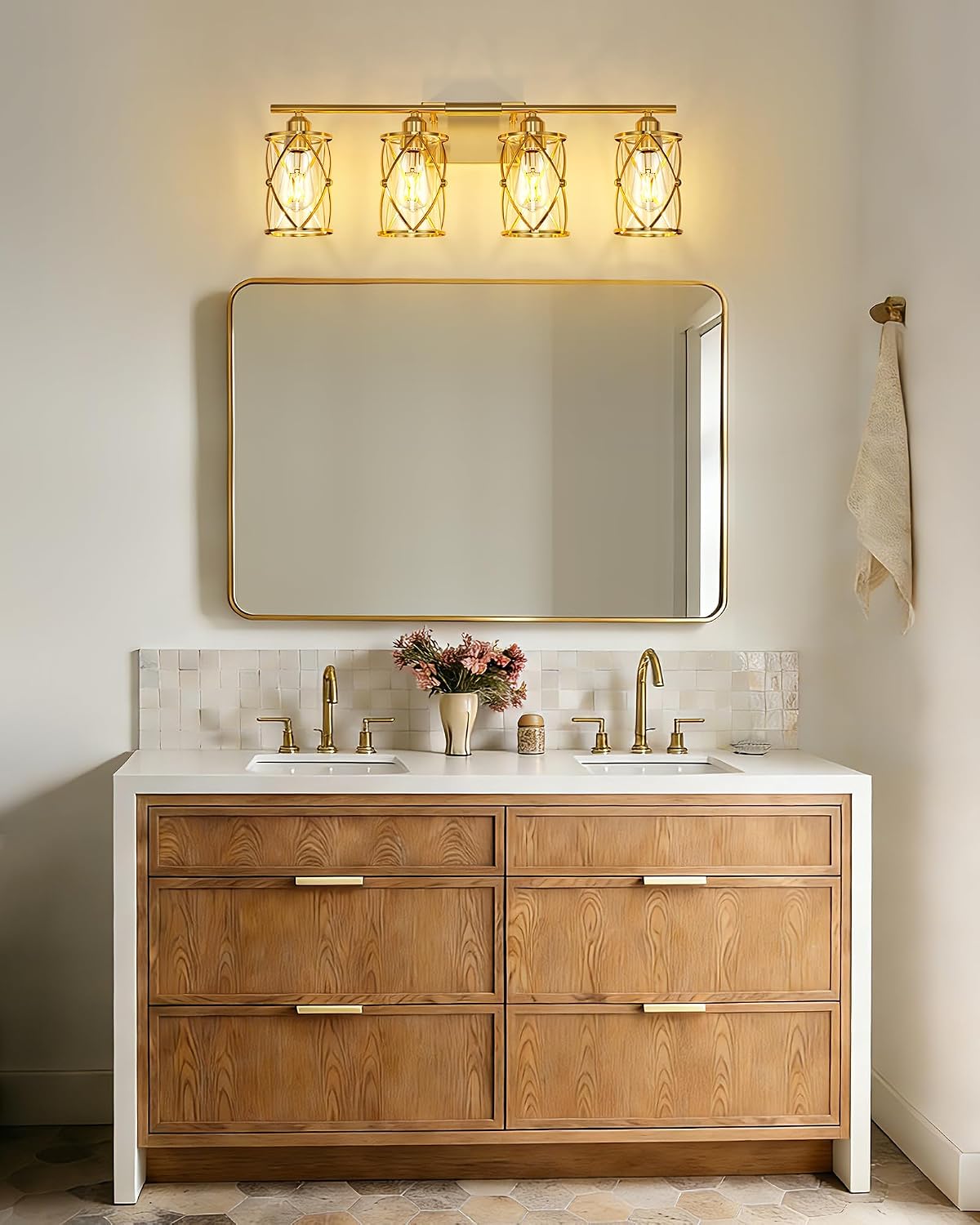 4-Light Brushed Gold Bathroom Light Fixtures, 29 Inch Modern Bathroom Vanity Lighting Fixtures Over Mirror with Clear Glass and Metal Cage Wall Sconce Lights for Bath, E26, CH9176BG-4W