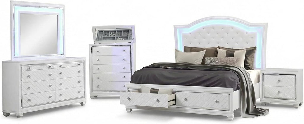 First of a Kind Shiney Contemporary 5 Piece King Bedroom Set High Gloss White Finish with Upholstered Headboard, Sleek Modern Bedroom Furniture Set for Coordinated Interiors