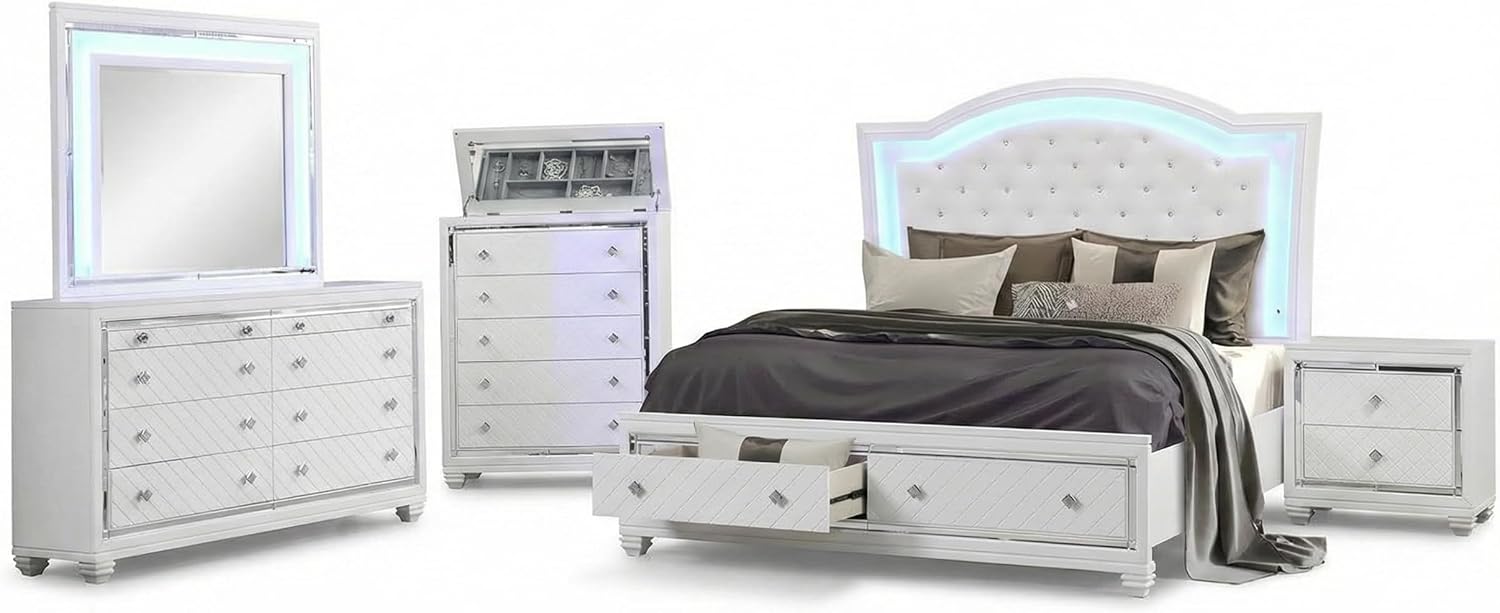 First of a Kind Shiney Contemporary 5 Piece Queen Bedroom Set High Gloss White Finish with Upholstered Headboard, Sleek Modern Bedroom Furniture Set for Coordinated Interiors