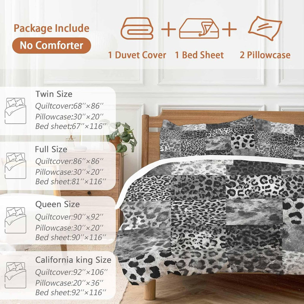 Vintage Black Leopard Duvet Cover Set Queen Size 4 Pieces Animal Print Patchwork Style Art Painting Bedding Set with Zipper Closure, 1 Comforter Cover 92x106 Inches 1 Flat Sheet & 2 Pillow Cases