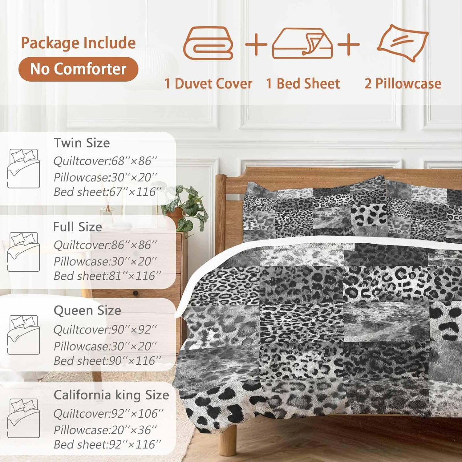 Vintage Black Leopard Duvet Cover Set Queen Size 4 Pieces Animal Print Patchwork Style Art Painting Bedding Set with Zipper Closure, 1 Comforter Cover 92x106 Inches 1 Flat Sheet & 2 Pillow Cases