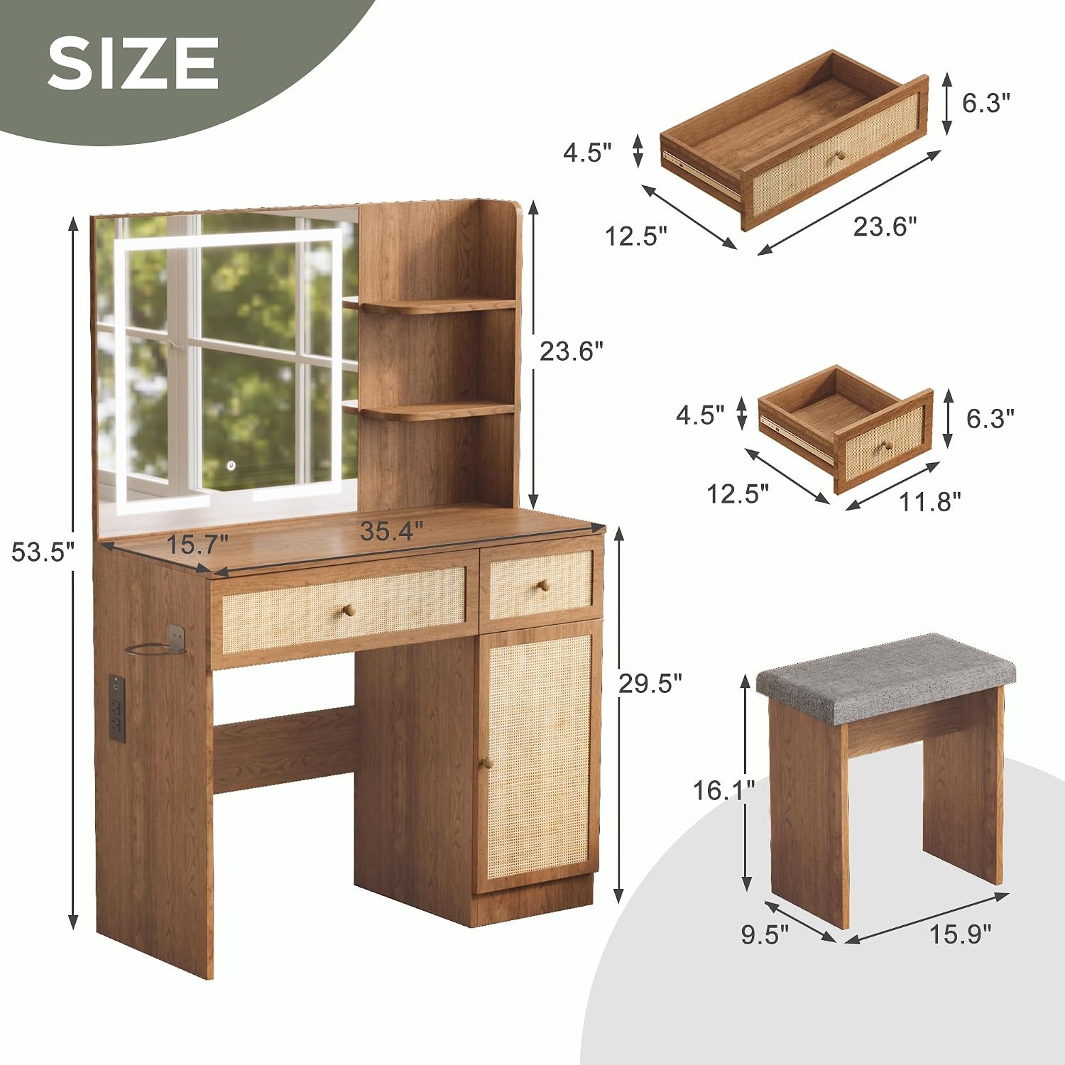 Yechen Boho Makeup Vanity Desk with LED Lighted Mirror & Power Strip, 35' Wooden Dressing Table Set with Rattan Drawers, Storage Shelves and Cushioned Stool for Bedroom, for Girls Women