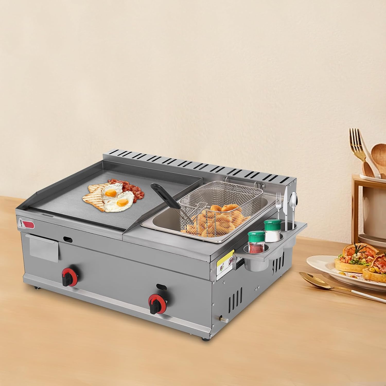 Commercial Stainless Steel Countertop Gas Fryer, Gas Propane Grills Griddle Flat Top with Deep Fryer and Spice Compartment for French Fries Turkey Donuts Home Restaurant