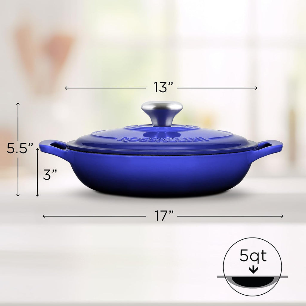 ROSSALLINI Signature Enameled Cast Iron Braiser, Non-Stick Serving Pot with Tight Fitting Lid for Perfect Roasting, Baking, Sauteing, Searing, and Pan Frying | 5Q (4.7L) - Indigo Blue