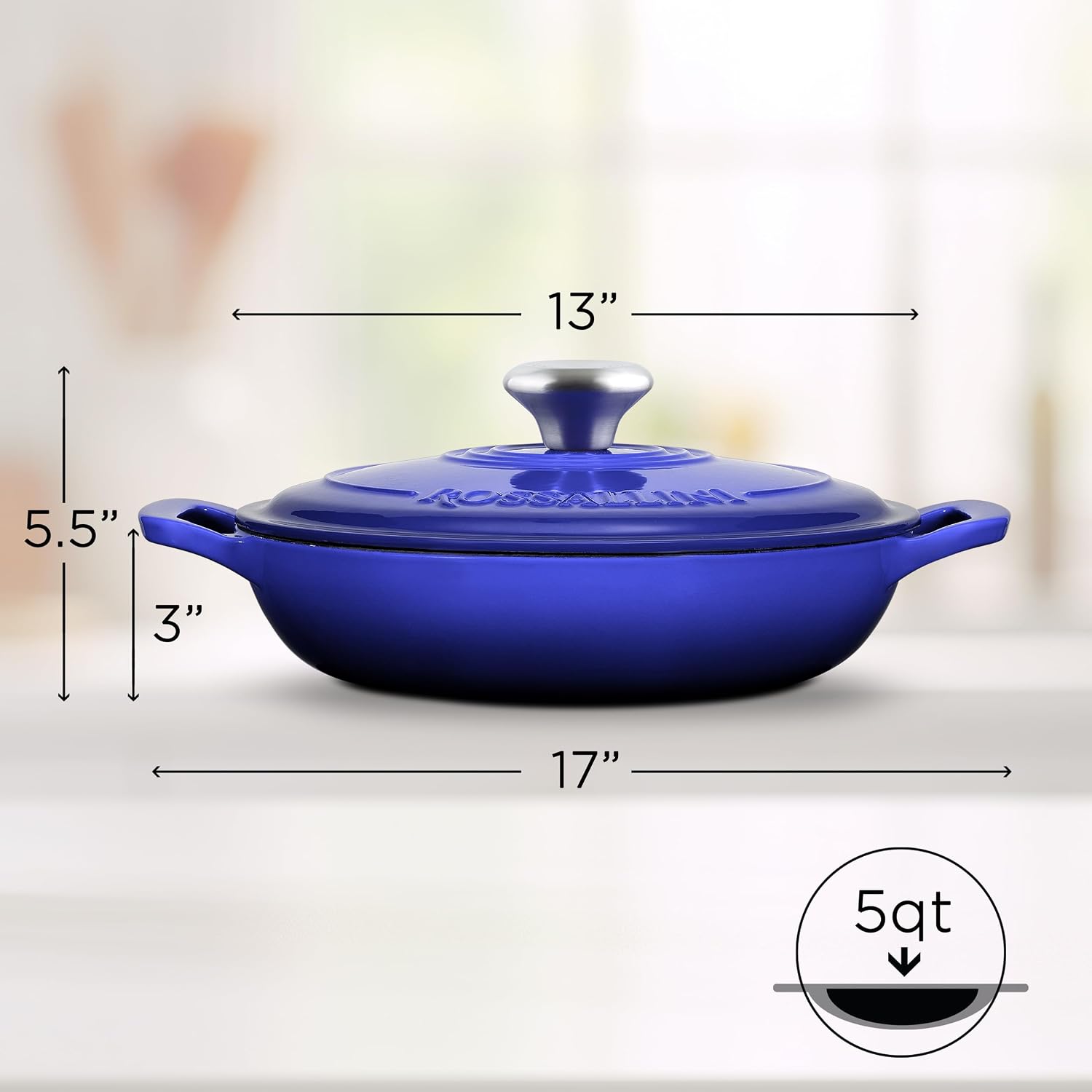 ROSSALLINI Signature Enameled Cast Iron Braiser, Non-Stick Serving Pot with Tight Fitting Lid for Perfect Roasting, Baking, Sauteing, Searing, and Pan Frying | 5Q (4.7L) - Indigo Blue