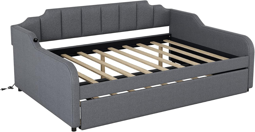 Daybed with Trundle and USB Charging Design, Full Size Upholstery Day Bed Frame, Trundle can be Flat or erected,Grey