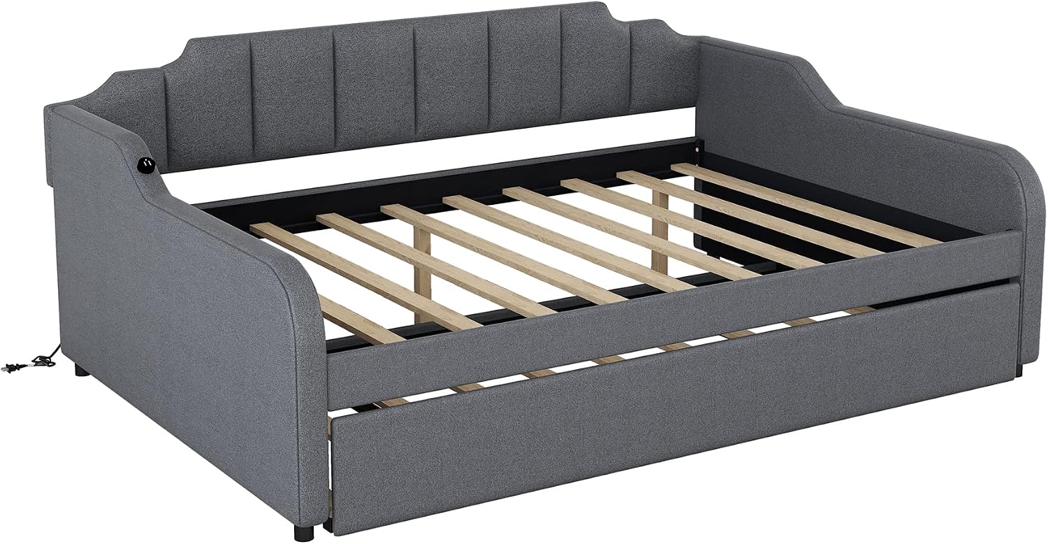Daybed with Trundle and USB Charging Design, Full Size Upholstery Day Bed Frame, Trundle can be Flat or erected,Grey