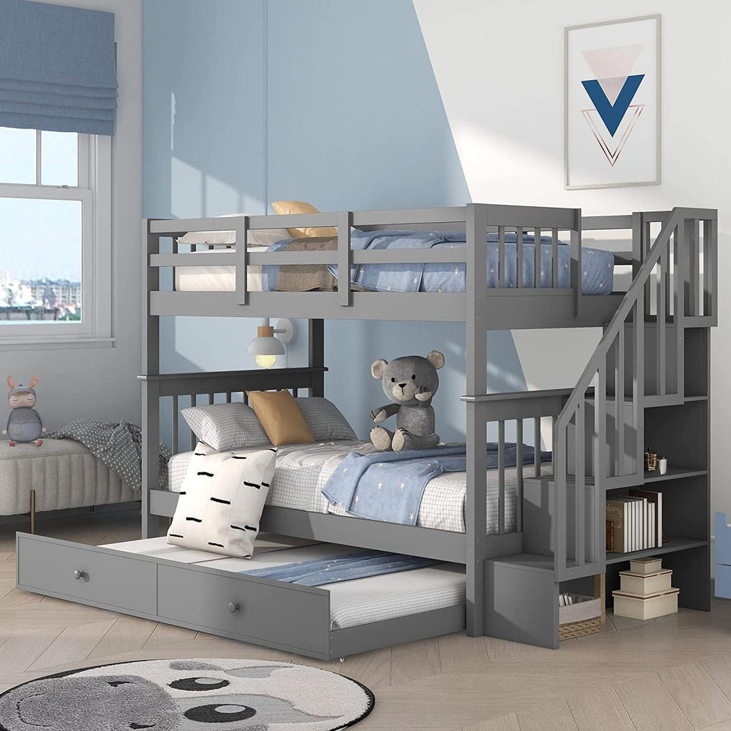 Wooden Twin Size Bunk Bed with Trundle & Storage Staircase & Shelves,Twin over Twin Bunk Bed Frame with Safety Guardrails,Headboard and Footboard for Kids Teens Adults,No Box Spring Needed,Grey