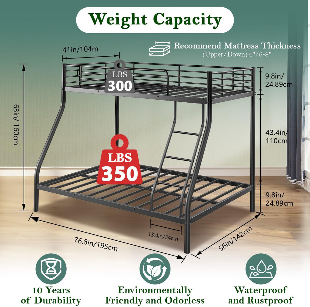 Bunk Beds Twin Over Full Size, Heavy Duty Bunk Beds with Bottom Space & Guardrail Metal Bunk Bed Frame for Adults Dorm Bedroom Guest Room, No Box Spring Needed（Upgrate Black）