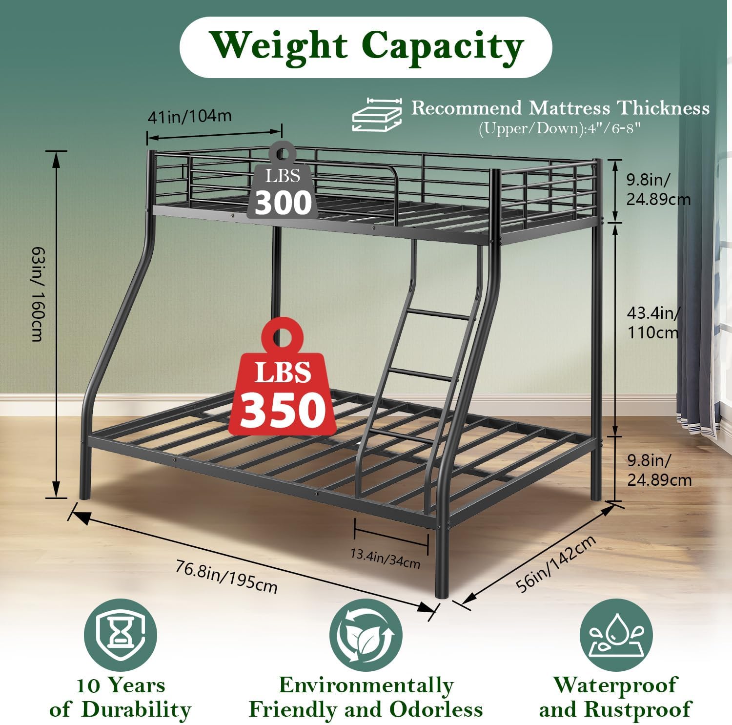 Bunk Beds Twin Over Full Size, Heavy Duty Bunk Beds with Bottom Space & Guardrail Metal Bunk Bed Frame for Adults Dorm Bedroom Guest Room, No Box Spring Needed（Upgrate Black）
