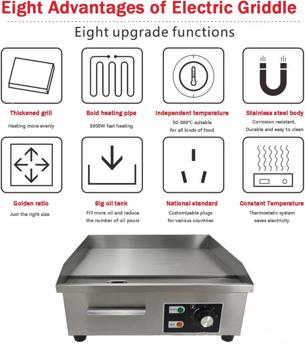 Electric Commercial Griddle Plate, 2500W Electric Countertop Flat Top Griddle with Adjustable Thermostat Removable Oil Drawer Splash Guards, Stainless Steel Restaurant Grill for Kitchen