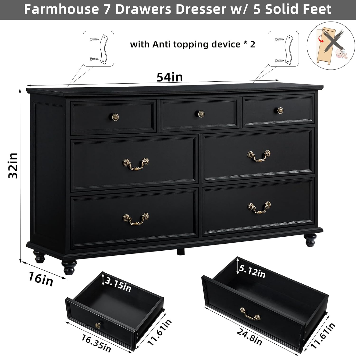Joaxswe Farmhouse Dresser and Nightstand Sets, Wooden 7 Drawers Dresser & 24' Night Stand with 3 Drawers, 2 Piece Bedroom Furniture Set, Chest of Drawers for Bedroom, Home, Living Room, Hallway