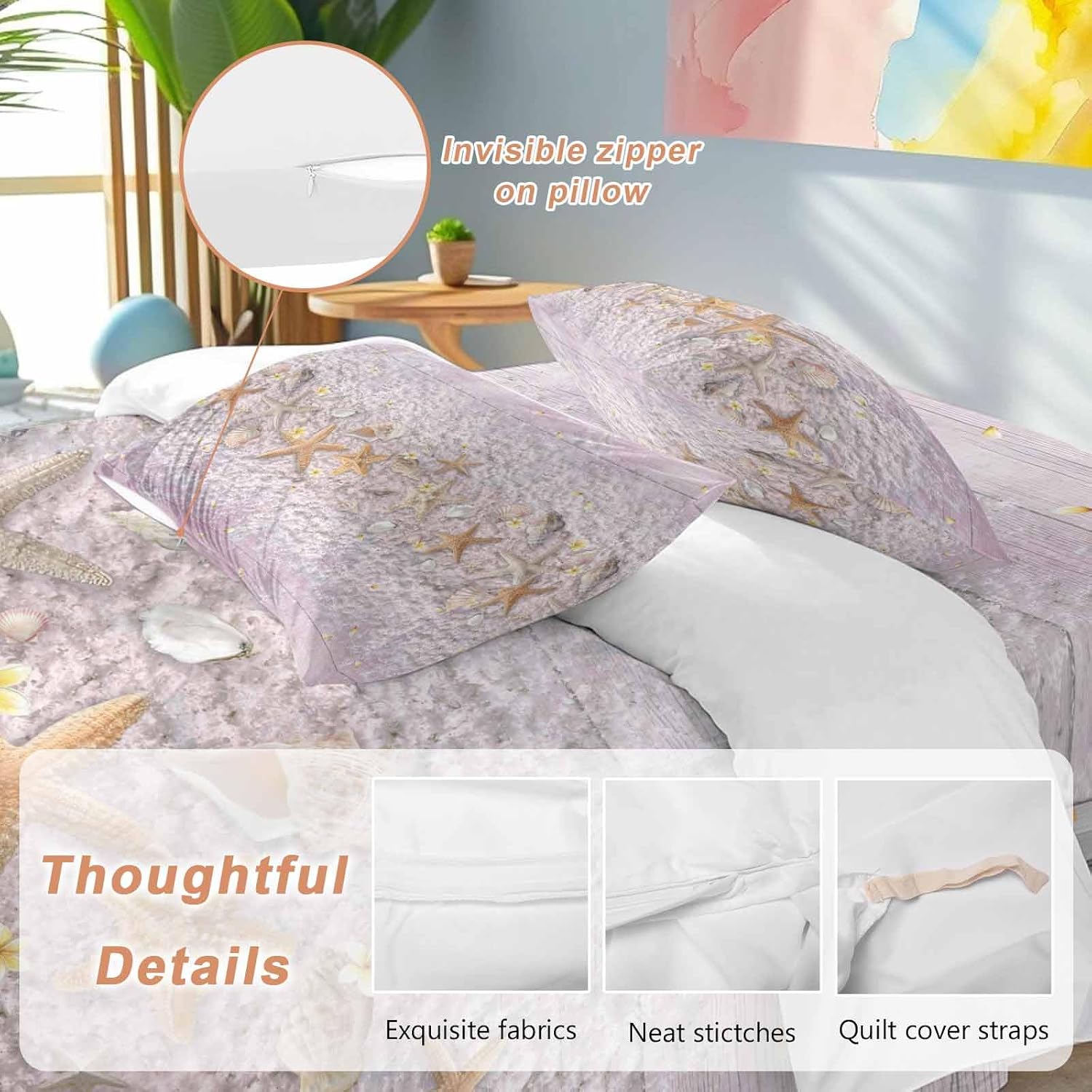 Summer Marine Life Duvet Cover Set Queen Size 4 Pieces Ocean Starfish Conch Shell Beach Pink Wood Grain Bedding Set with Zipper Closure, 1 Comforter Cover 92x106 Inches 1 Flat Sheet & 2 Pillow Cases