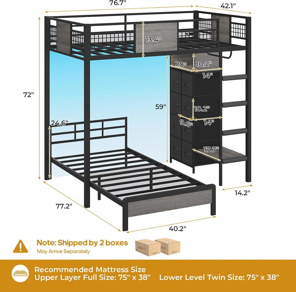 ADORNEVE Full Over Twin Bunk Bed with 8 Storage Drawers, Metal Loft Bed with Led Lights & Storage Shelves, Bunk Beds Twin Over Full Size with 13.4' H Safety Guardrail & Ladder, for Kids & Teens, Grey