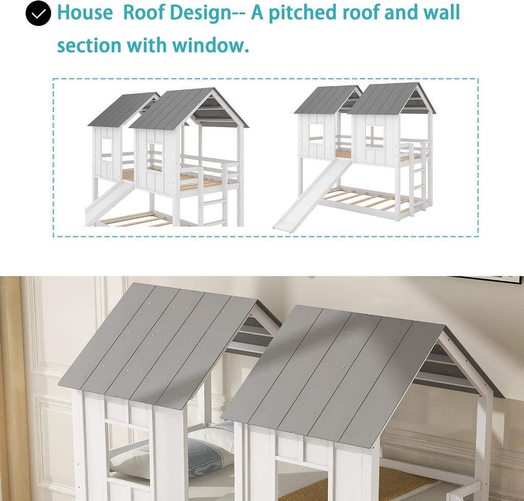 Polibi Slide Wooden Bunk Bed with Windows, Ladder, Guardrails and Twin Size in White