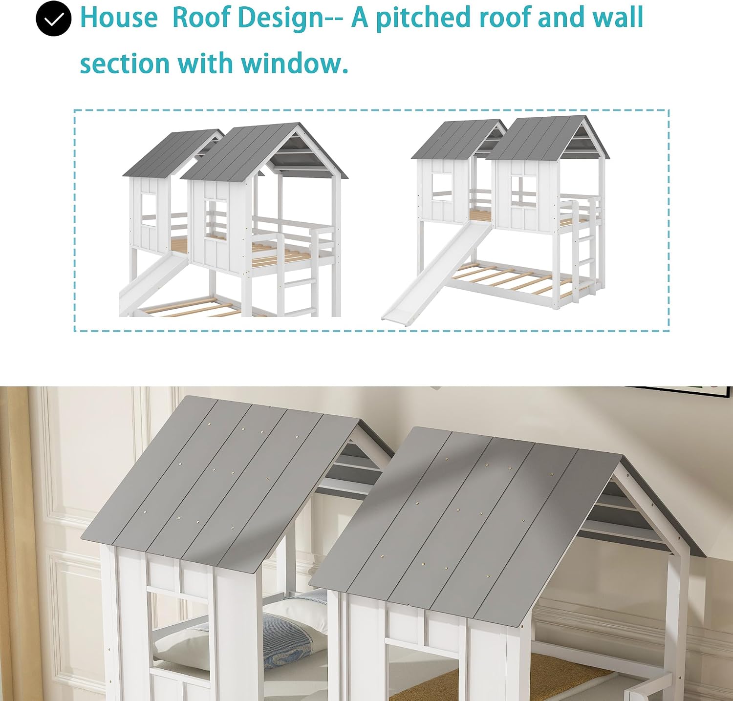 Polibi Slide Wooden Bunk Bed with Windows, Ladder, Guardrails and Twin Size in White