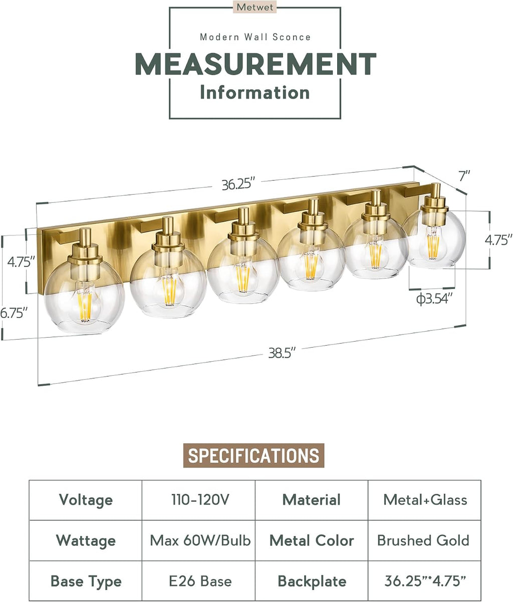 Bathroom Light Fixtures, 6 Light Brushed Gold Vanity Light, 38 Inch Modern Wall Sconces with Globe Clear Glass Shade, Vanity Lighting Fixtures Over Mirror, VL195-BG-6
