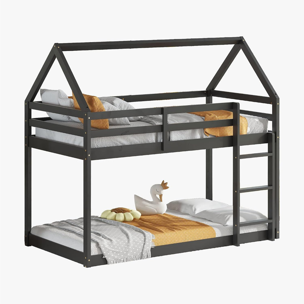 Bellemave Twin Over Twin Bunk Bed, Wooden House Bunk Bed with Ladder and Guardrail for Bedroom, Dormitory, Floor Bunk Beds with Headboard and Footboard for Kids, Teens, No Box Spring Needed, Black