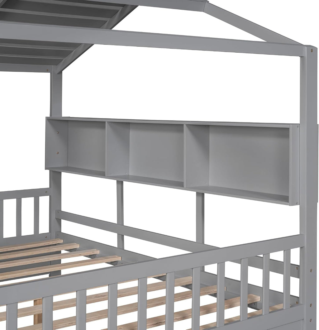 VilroCaz Full Size House Bed with 2 Drawers and Storage Shelf, Playhouse Design Solid Wood Kids Platform Bed Frame for Girls Boys, Decorable Daybed with Sturdy Slats Support, Space-Saving (AF-Gray)