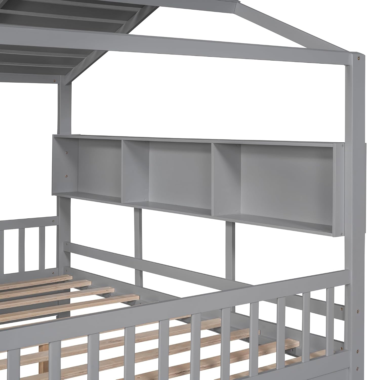 VilroCaz Full Size House Bed with 2 Drawers and Storage Shelf, Playhouse Design Solid Wood Kids Platform Bed Frame for Girls Boys, Decorable Daybed with Sturdy Slats Support, Space-Saving (AF-Gray)