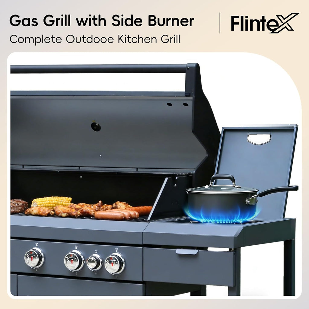 Flintex 6-Burner Propane Gas Kitchen Grill Island with Side Burner,72,000 BTU Stainless Steel BBQ Outdoor Griddle Grill Combo with LPG/NG Convertible and Storage Cabinets & Fold-out Table, Gray