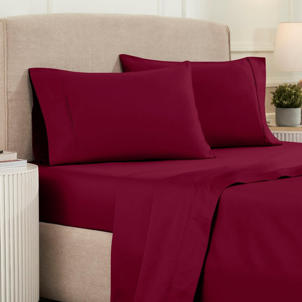 Superior 1200 Thread Count Egyptian Cotton Sheet Set, Bedroom Sheets, Modern Home Essentials, Luxury Bedding, 1 Elastic Deep Pocket Fitted Bed Sheet, 1 Flat Sheet, 2 Pillowcases, King, Burgundy