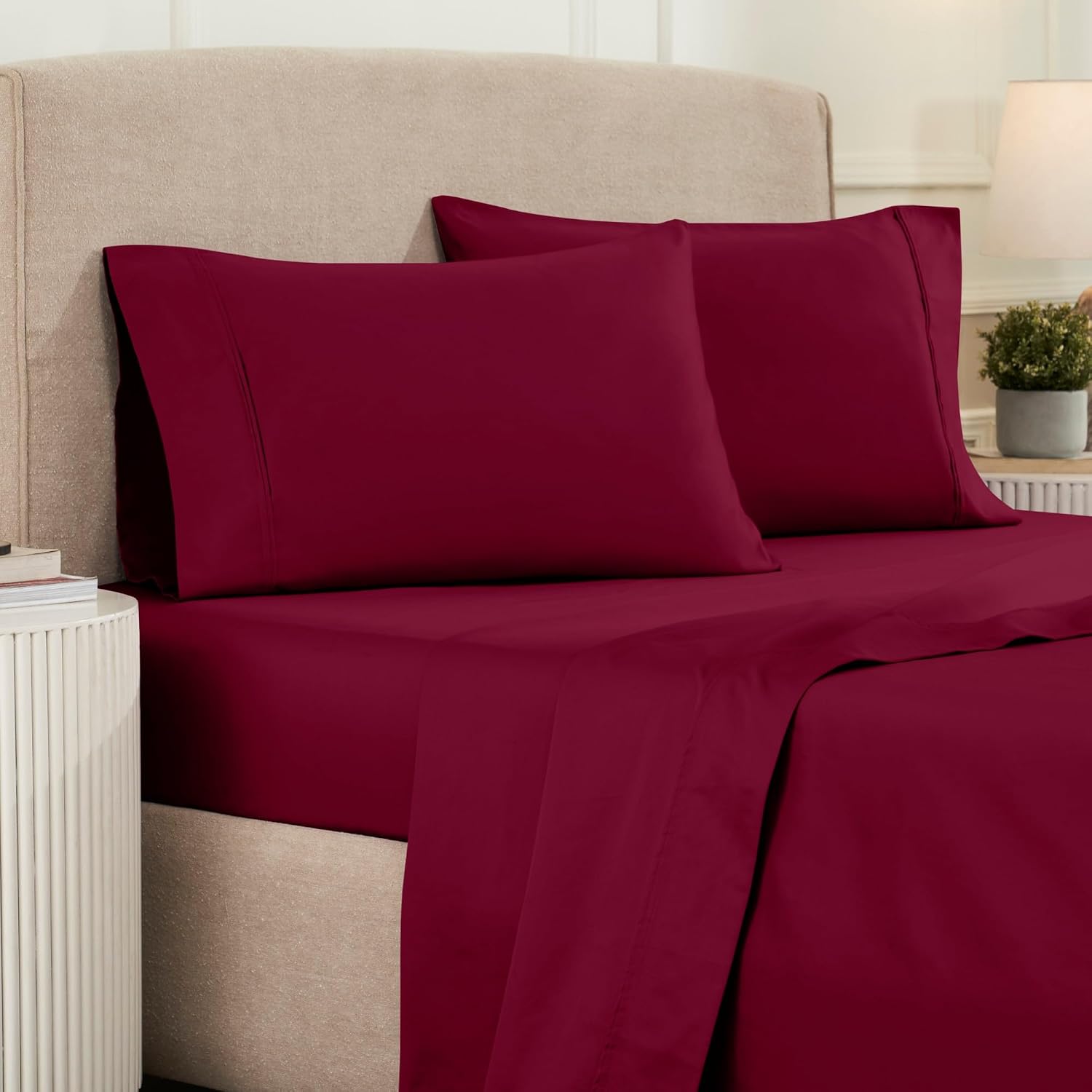 Superior 1200 Thread Count Egyptian Cotton Sheet Set, Bedroom Sheets, Modern Home Essentials, Luxury Bedding, 1 Elastic Deep Pocket Fitted Bed Sheet, 1 Flat Sheet, 2 Pillowcases, King, Burgundy