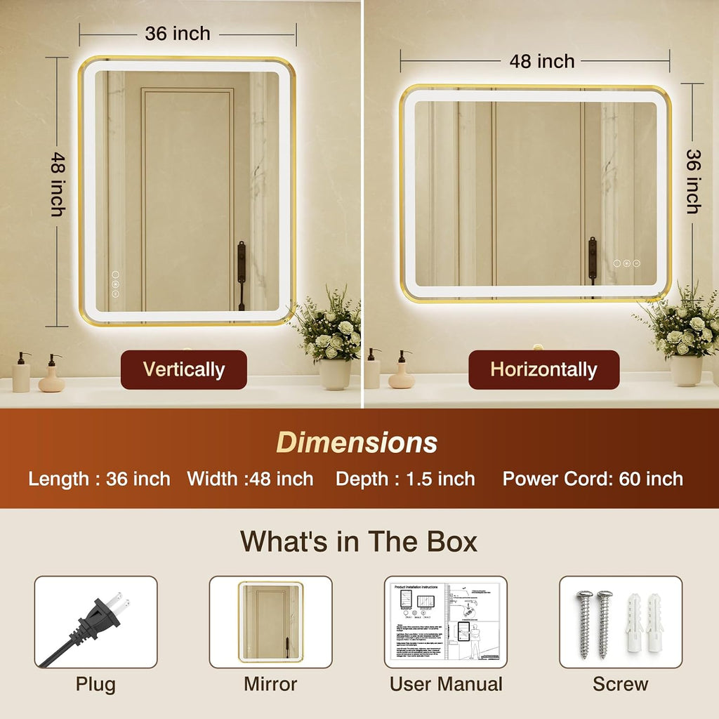 36x48 Inch LED Bathroom Mirror with Gold Frame,Front and Backlit Vanity Mirror, Stepless Dimmable Wall Mirrors with Anti-Fog, 3 Colors, Memory, Waterproof, LED Smart Bathroom Mirror