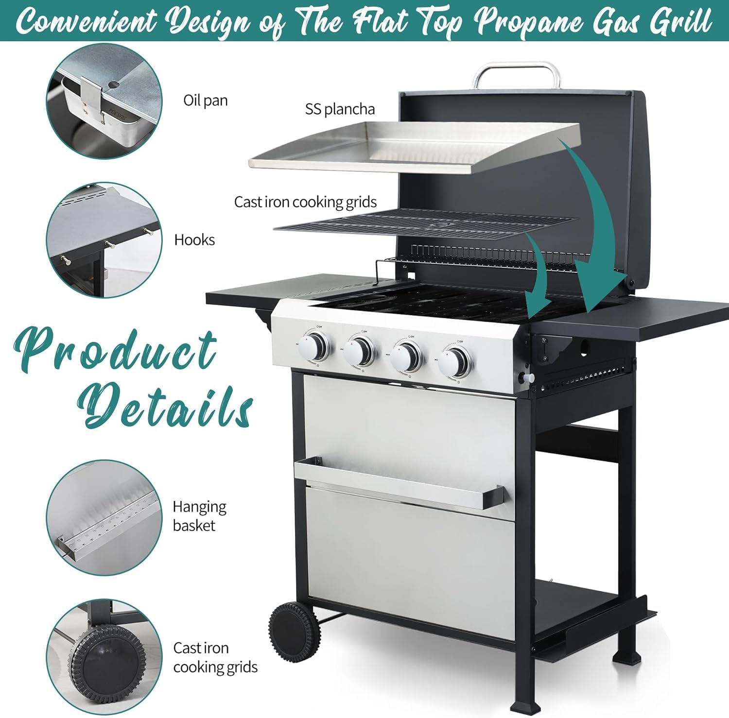 4-Burner Propane Gas Grill Griddle Combo – 40,000 BTU BBQ Grill with Lid, Stainless Steel Plancha & Cast Iron Cooking Grids, Foldable Side Tables – Outdoor Backyard