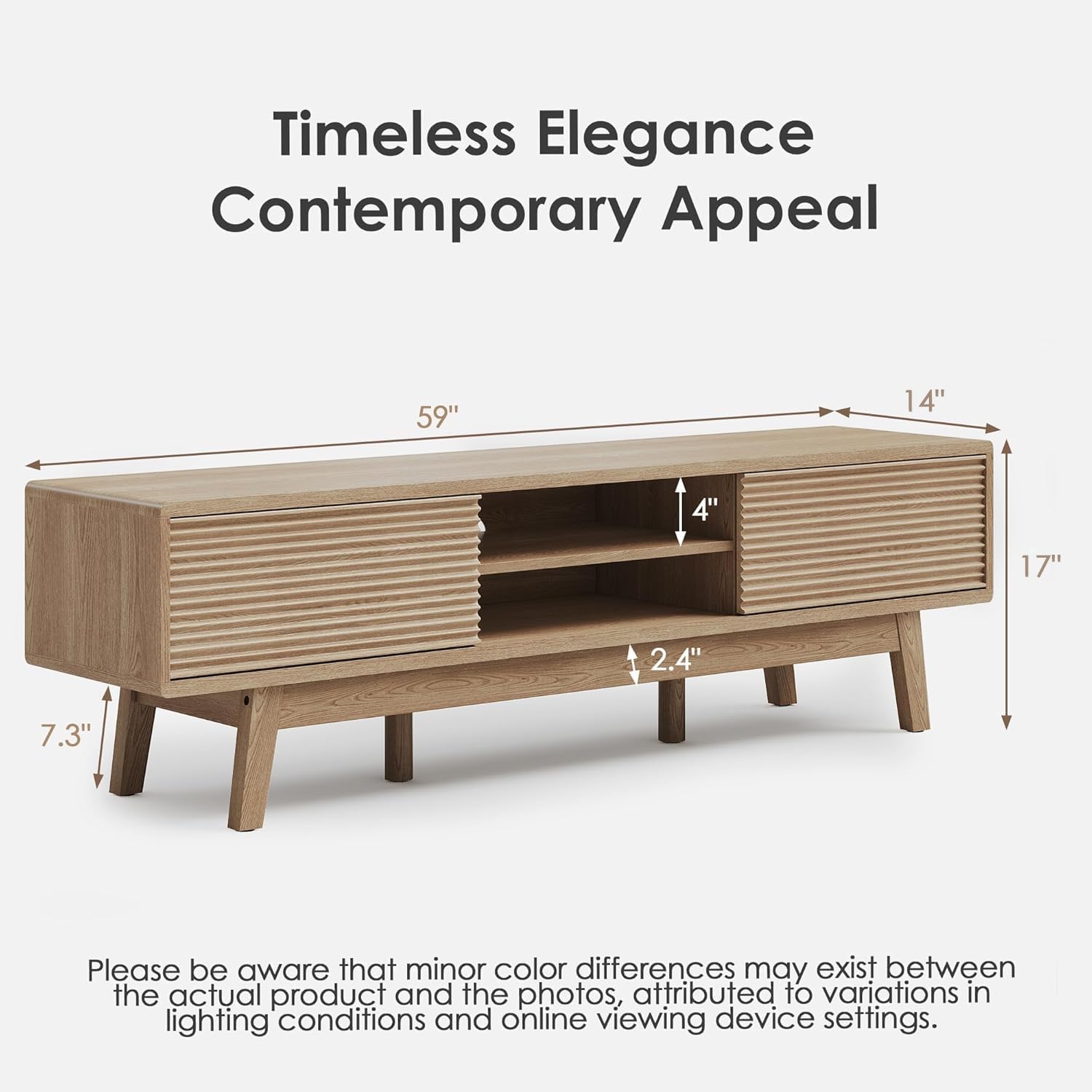 TOLEAD 59' TV Console, Mid Century Modern TV Stand for 55/60/65 Inch TV, Low Profile Media Console with Fluted Sliding Doors, Boho Wood Credenza for Living Room, Oak