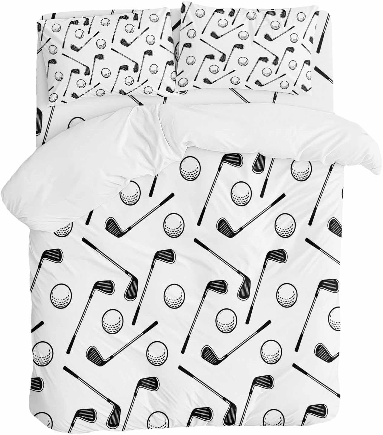 Golf Balls Duvet Cover Set Queen Size 4 Pieces Retro Sports Style Golf Poles Minimalist Modern Bedding Set with Zipper Closure, 1 Comforter Cover 90x92 Inches 1 Flat Sheet & 2 Pillow Cases