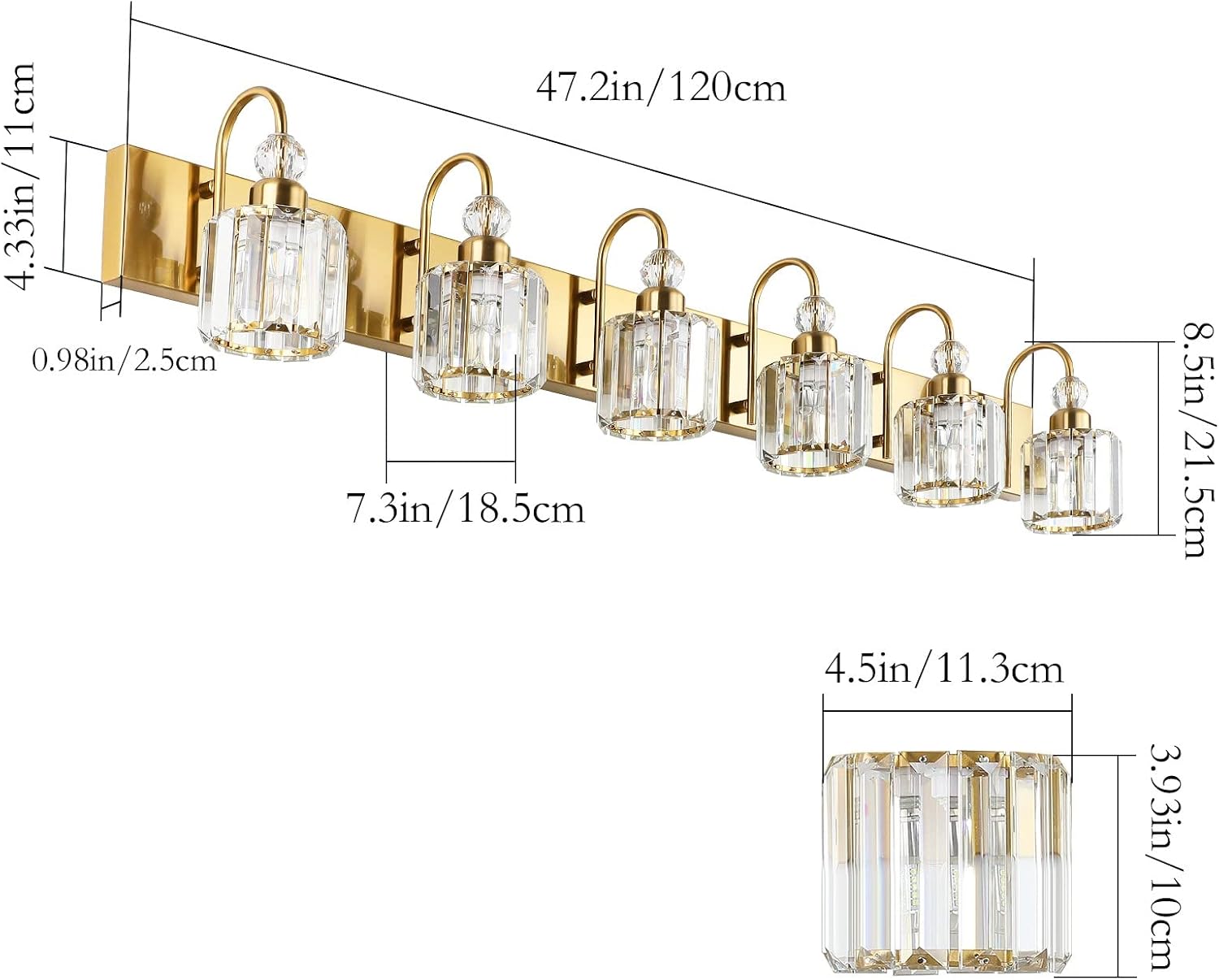 Ralbay Gold Crystal Vanity Lights for Bathroom 6-Lights Brass Gold Crystal Bathroom Vanity Lights Over Long Mirror Modern Crystal Bathroom Wall Lighting Fixtures