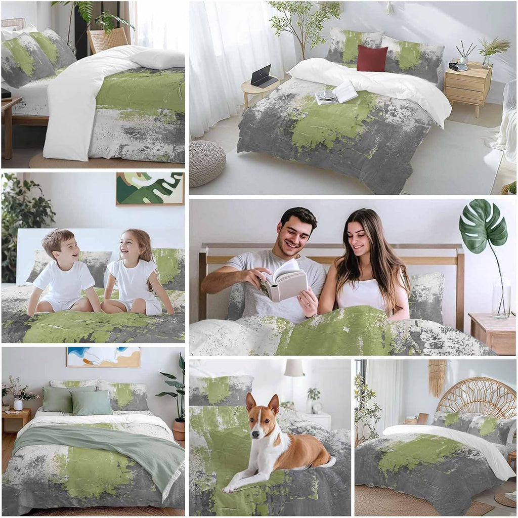 Abstract Art Duvet Cover Set Queen Size 4 Pieces Green Grey Wall Mottled Texture Minimalist Modern Bedding Set with Zipper Closure, 1 Comforter Cover 92x106 Inches 1 Flat Sheet & 2 Pillow Cases