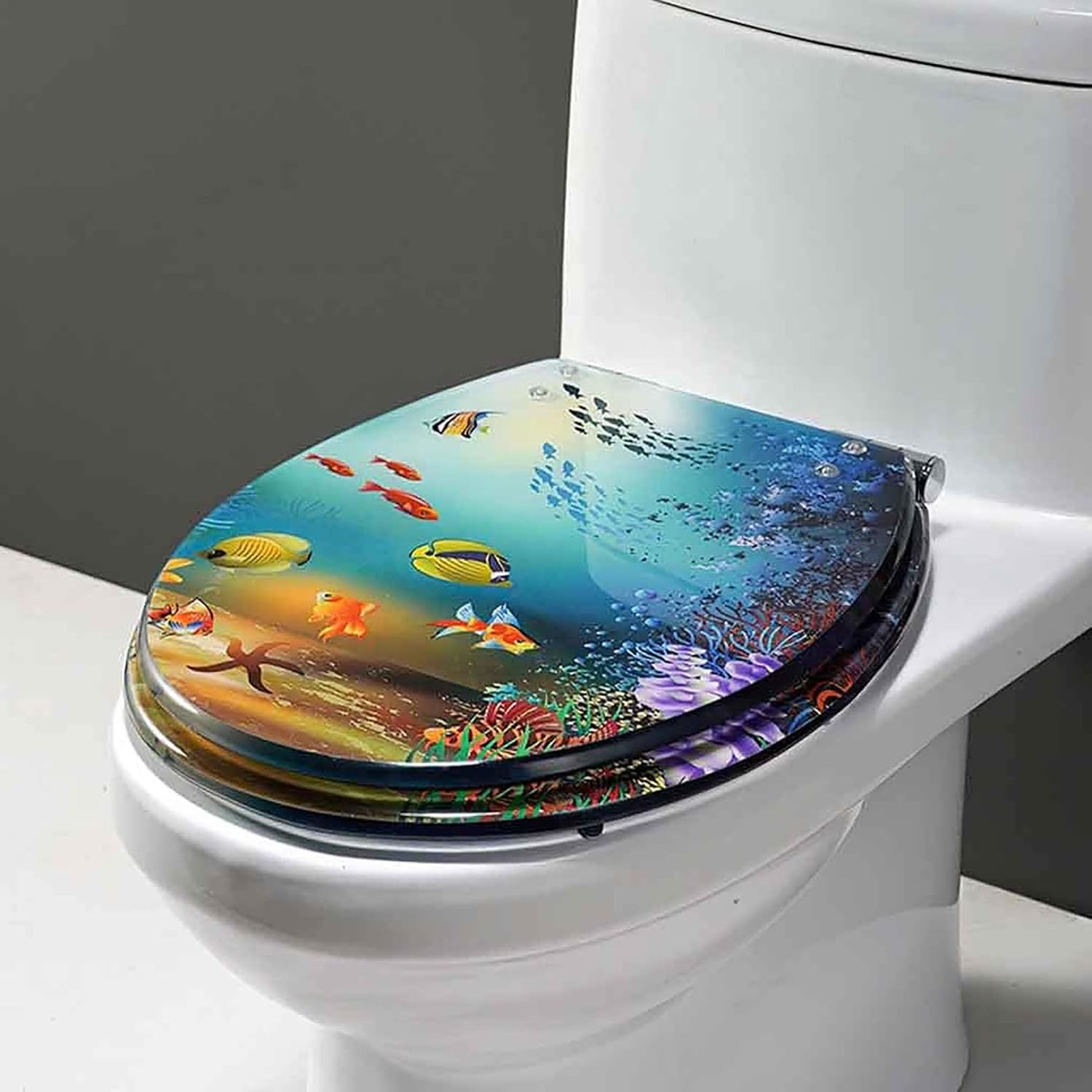 Universal Standard Round Toilet Seat Thickened Resin Toilet Seat Beautiful Dolphin Starfish Shell Toilet Seat Resin Toilet Lid (A)
