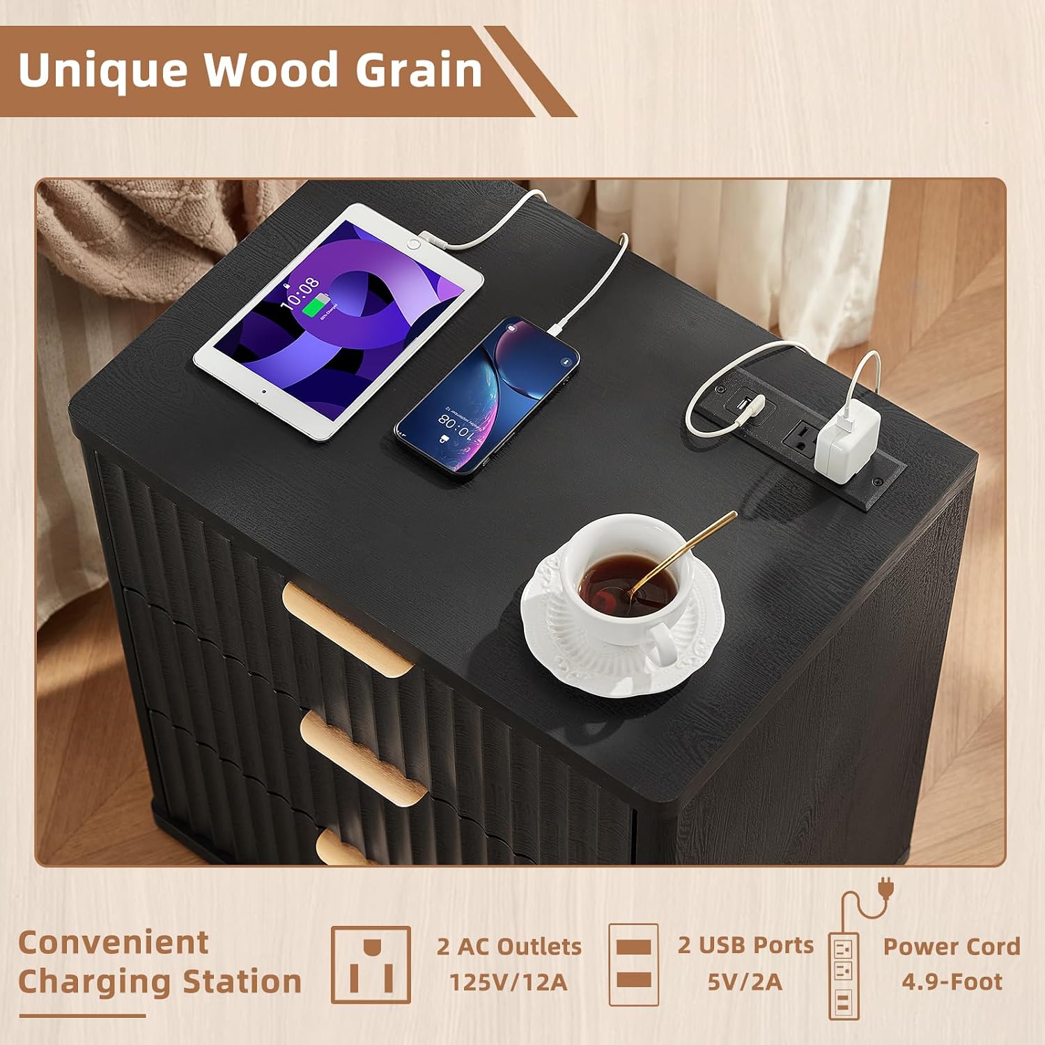 LEYAOYAO Fluted Dresser and 3 Drawers Nightstand Set of 2, Wood 48' Wide Dresser & 23' Night Stand with Charging Station, 3 Piece Bedroom Furniture Set, Chest of Drawers for Home,Living Room,Black