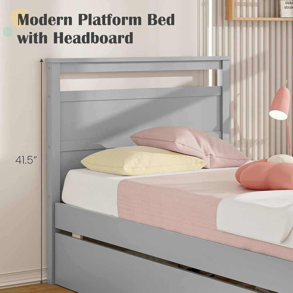 Giantex Wood Twin Bed with 2 Storage Drawers, Solid Wood Platform Bed with Headboard, Single Bed Wooden Slats Support, No Spring Needed, Twin Bed Frame for Kids, Teens, Adults (Grey)