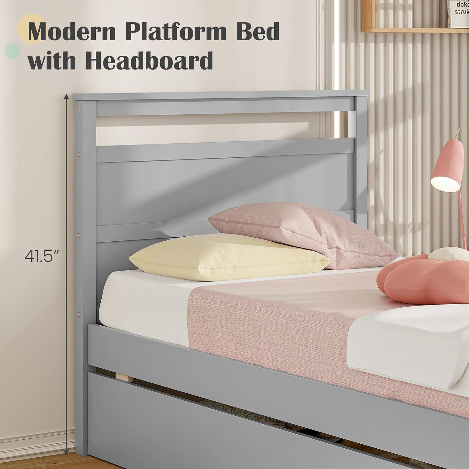 Giantex Wood Twin Bed with 2 Storage Drawers, Solid Wood Platform Bed with Headboard, Single Bed Wooden Slats Support, No Spring Needed, Twin Bed Frame for Kids, Teens, Adults (Grey)