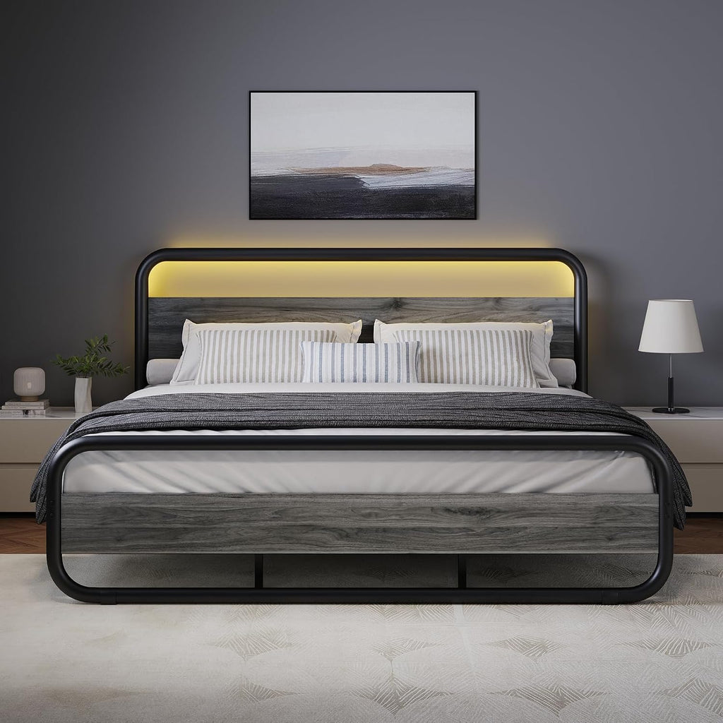 Catrimown King Size Bed Frame, Heavy Duty Metal Rustic King Platform Bed Frame with Wood Headboard, Under Bed Storage, Noise Free, No Box Spring Needed, Wash Gray