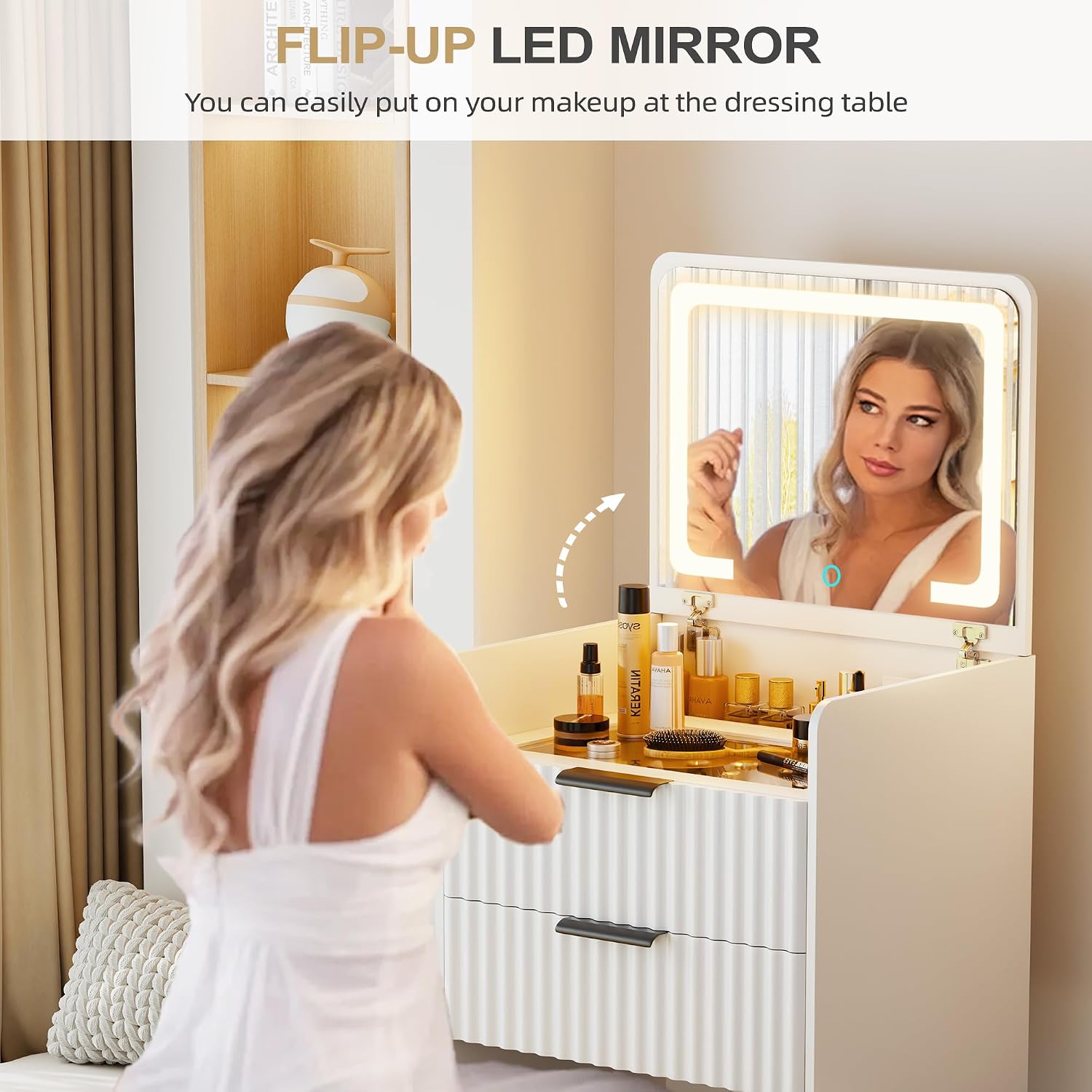 Lvifur 3 in 1 Small Vanity Desk with Plip Top Mirror,Makeup Vanity Set with Visible Glass Desktop,Compact Vanity with 3 Drawers,Storage Compartment and Padded Stool,Dressing Table for Bedroom,White