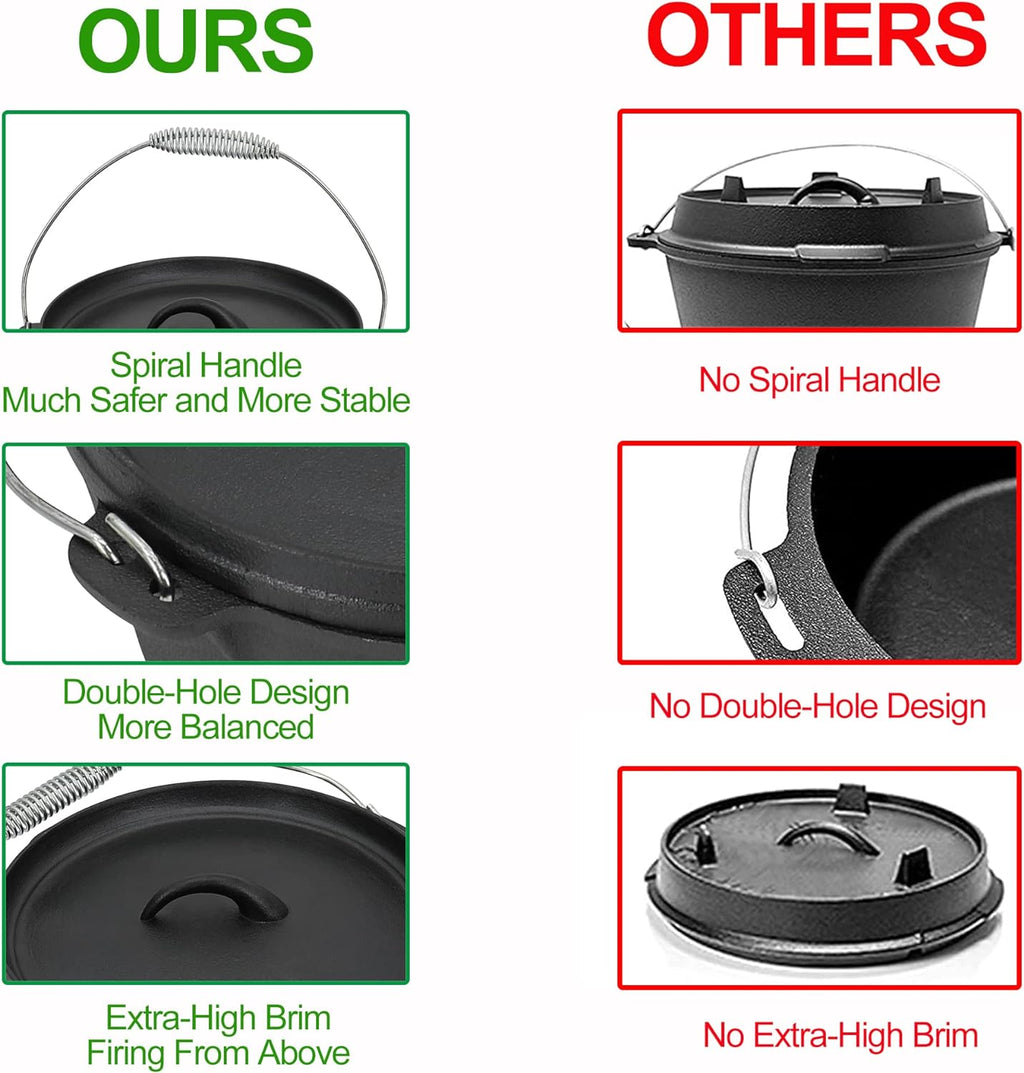 8 Piece Pre-Seasoned Dutch Oven Cooking Set Cast Iron Camping Kitchen Cookware Bakeware Skillets & Square Grill Pan w/Vintage Carrying Wood Box for Ourdoor Home BBQ Baking
