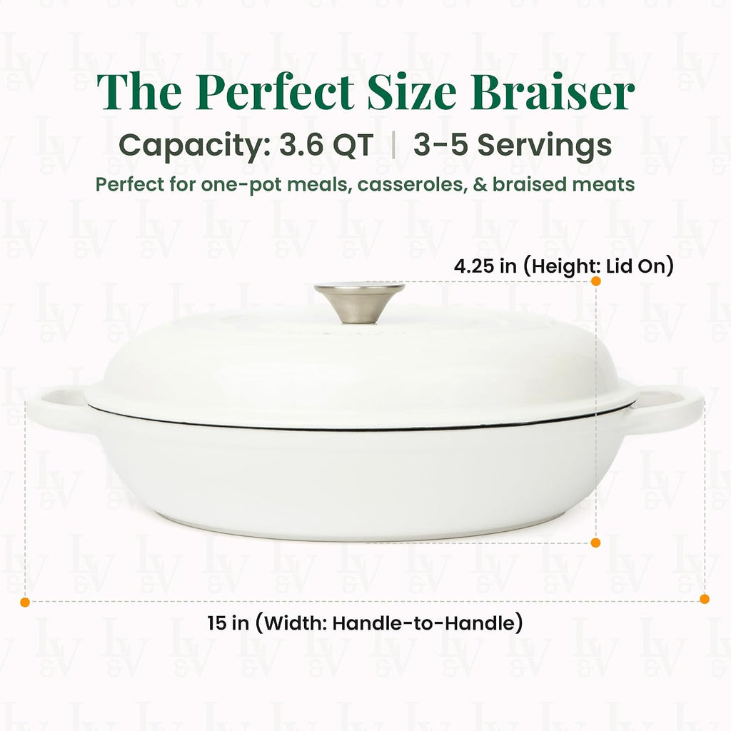 Larder & Vine Enameled Cast Iron Braiser | 3.6 qt Braiser Pan with Lid | Shallow Dutch Oven Compatible on All Cooktops | Casserole Dish Oven Safe to 500° F | Dual Handles | White