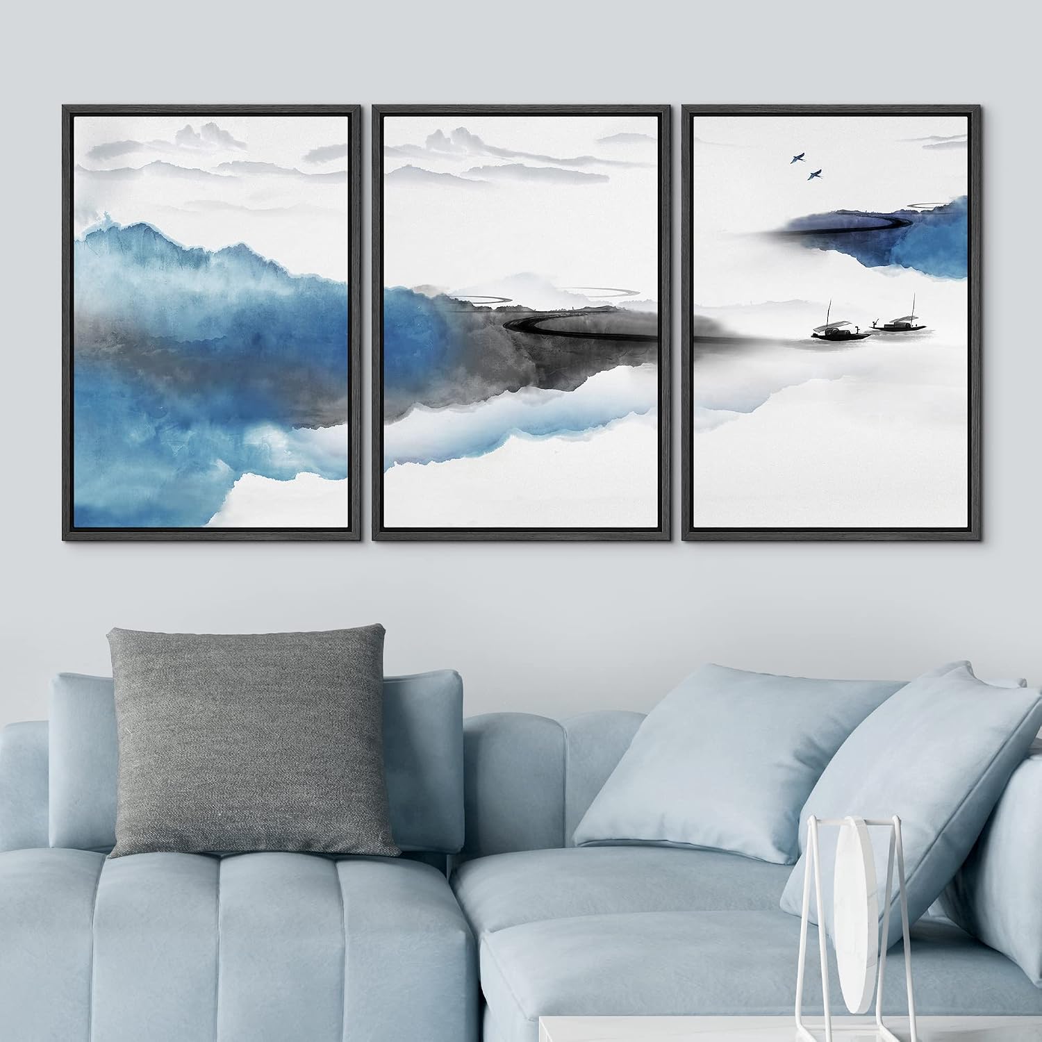 NWT Framed Canvas Print Wall Art Set Pastel Watercolor Mist Mountain Range Landscape Nature Wilderness Illustration Modern Rustic Scenic for Living Room, Bedroom, Office - 16'x24'x3 Black