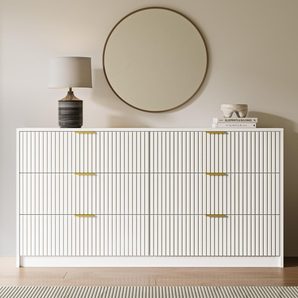 MAISONARIA 3-Piece Dresser Bedroom Set, 6 Drawer Dresser & 3 Drawer Nightstands with Gold Handles, Fluted Wood Chest of Drawers for Bedroom, Living Room, Entryway, White