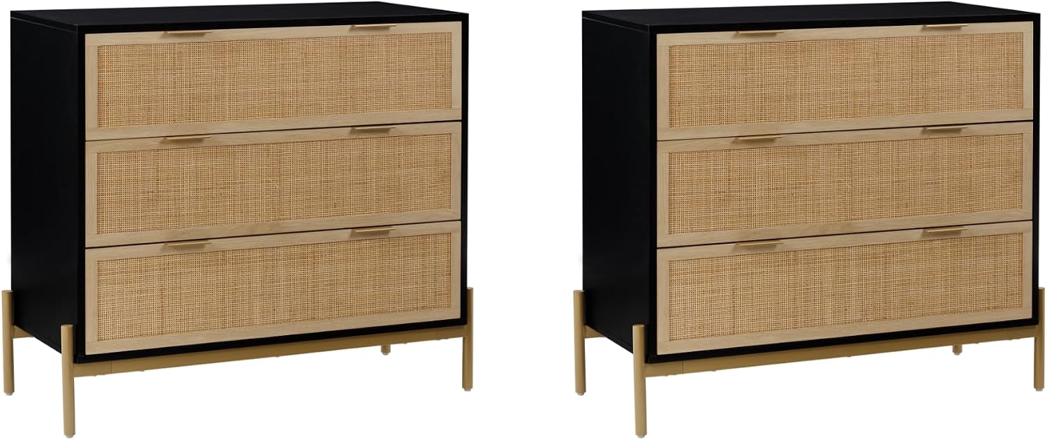 Nathan James Andrew 3-Drawer Chest Rattan Dresser, Bohemian Deep Drawer Dresser for Bedroom with Natural Rattan Accent and Metal Legs, Matte Black, Set of 2