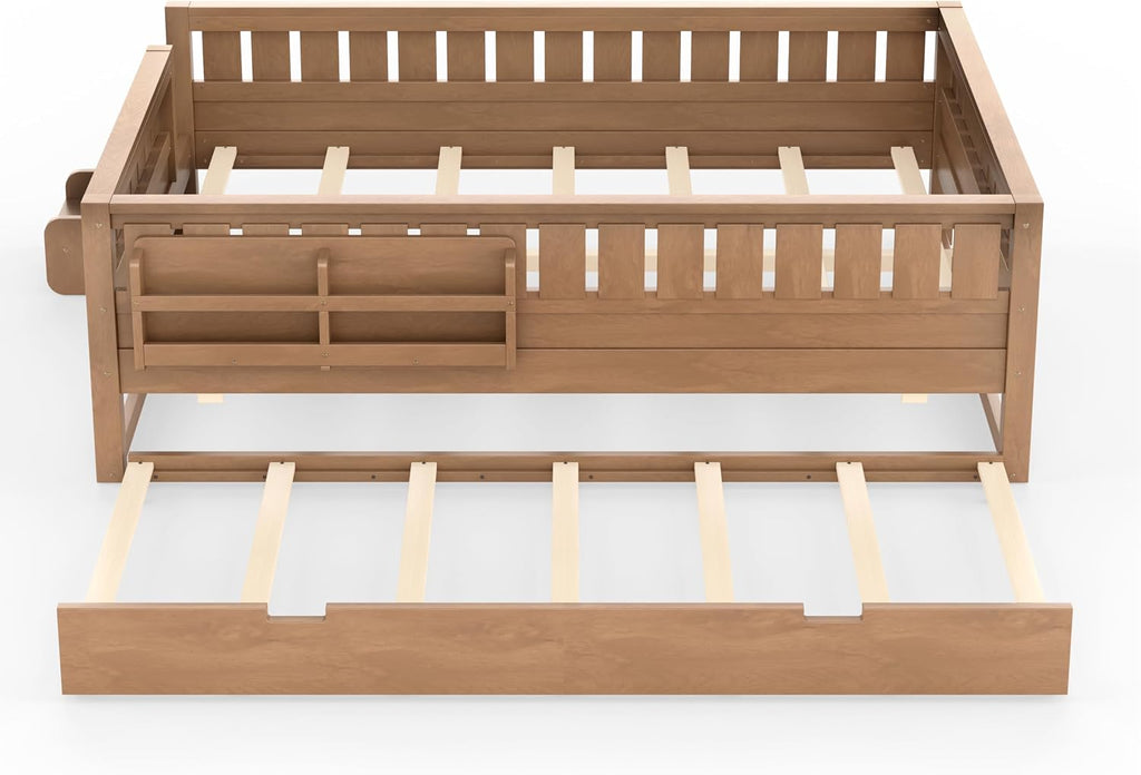 Bellemave Queen Bed with Trundle and Stairs, Queen Size Platform Bed Frame with Fence and Bookshelf, Easy Assemble Beds for Kids, Girls, Boys, Natural