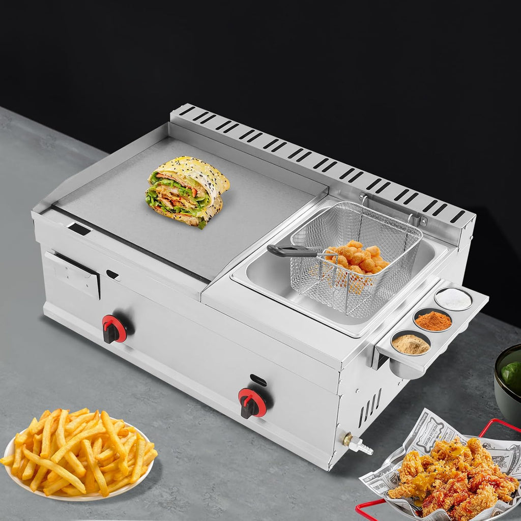 Gas Griddle with Deep Fryer Combo, 6L Commercial Gas Deep Fryer with Basket and Flat Top Combo for Kitchen Restaurant Home, Independent Temperature Control