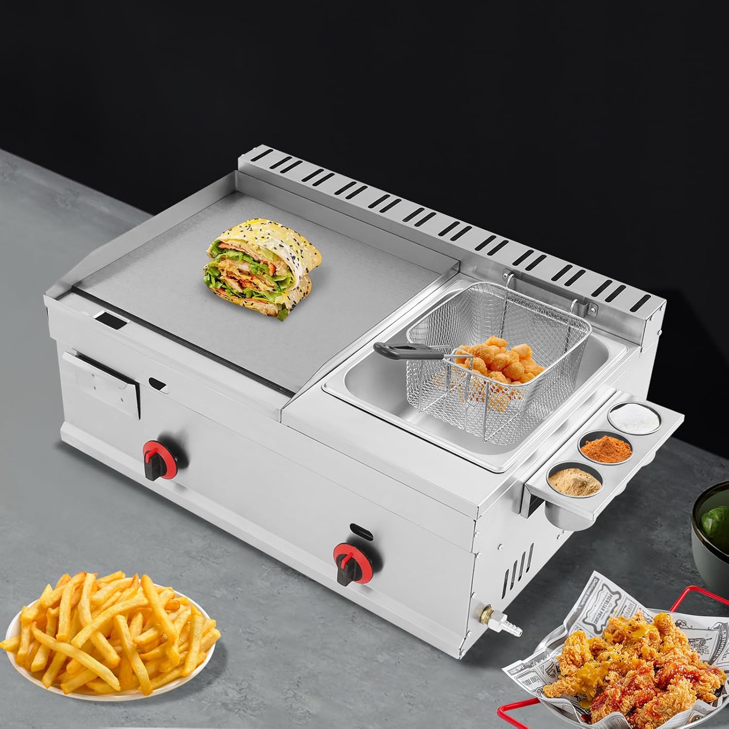 Gas Griddle with Deep Fryer Combo, 6L Commercial Gas Deep Fryer with Basket and Flat Top Combo for Kitchen Restaurant Home, Independent Temperature Control